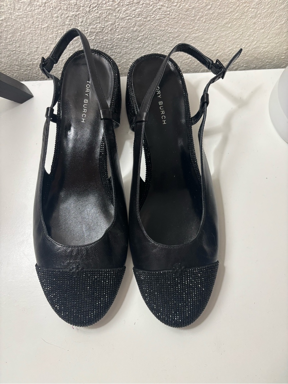 Tory Burch Black Slingback Mules with Beaded Toe